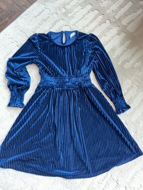 Arshiner Kids Blue Velvet Long-Sleeve Smocked Waist Dress 6-7 worn once for 📸